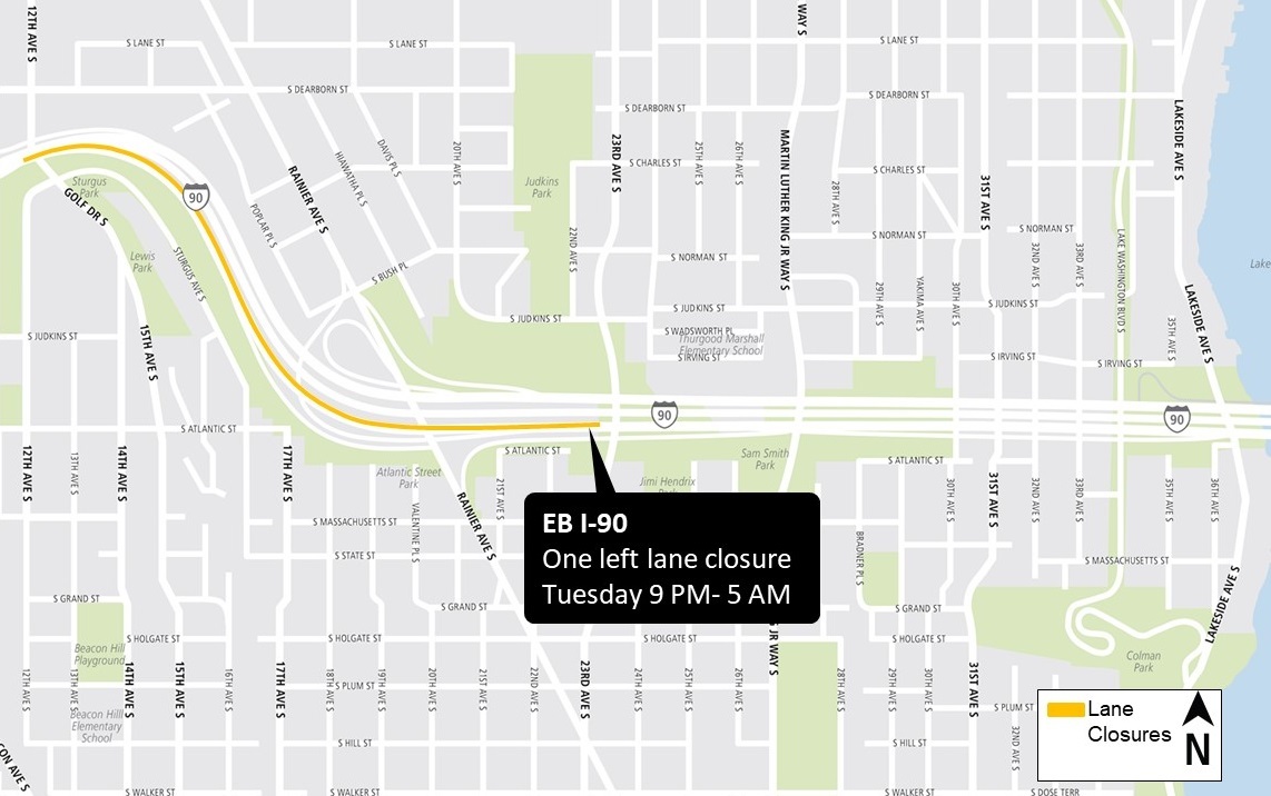 Construction map for Tuesday night Eastbound Interstate-90 left lane closure, Judkins Park Station, East Link Extension