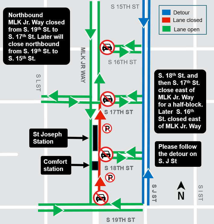 Map of construction impacts on Martin Luther King Jr. Way between South 19th Street and South 17th Street.