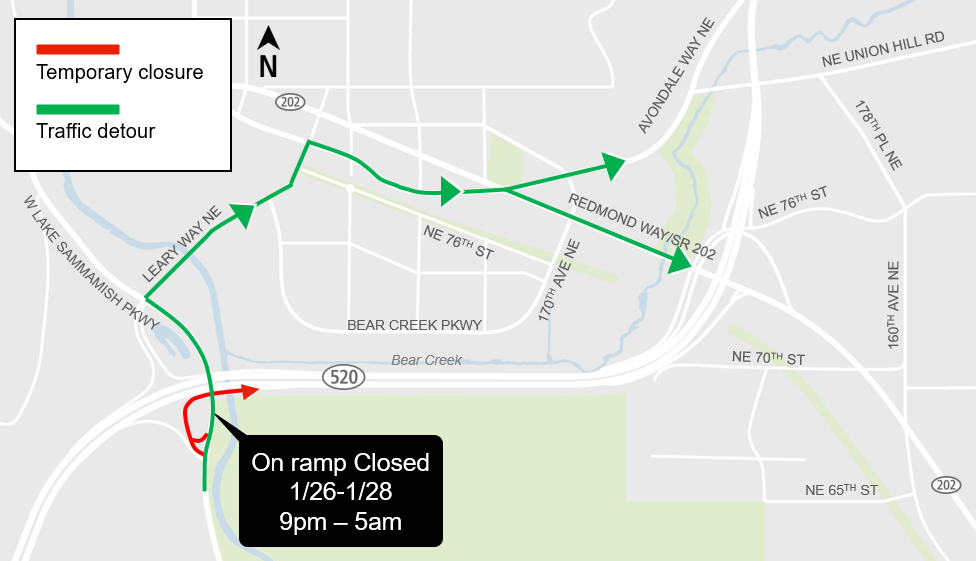 Map of detour for closure of the eastbound on-ramp from West Lake Sammamish Parkway Northeast to State Route 520.