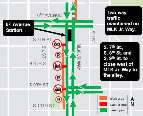 Construction map for work on Martin Luther King Jr Way from South 10th Street to South 7th Street, Hilltop Tacoma Link Extension