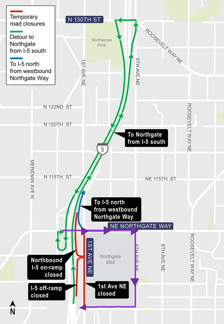 Construction map for 1st Northeast at Northgate Way Intersection closure, Lynnwood Link Extension