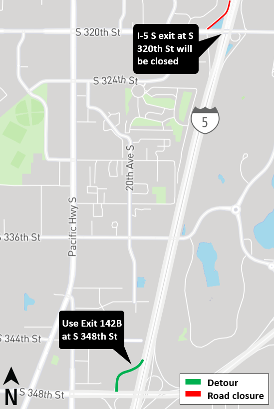 Construction map for I-5 South exit closure at South 320th Street, Federal way Link Extension