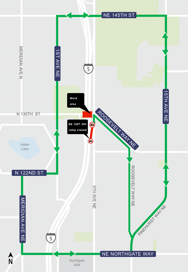 Construction map for Northeast 130th Street full closure, Lynnwood Link Extension