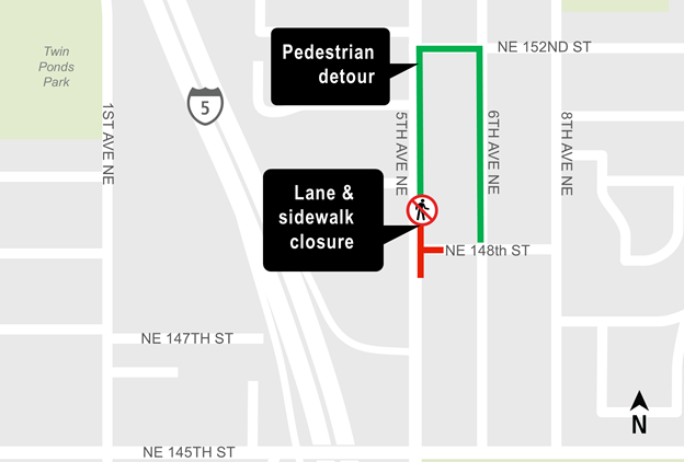 Construction map for NE 148th Lane Closure, Shoreline South/148th Station, Lynnwood Link Extension