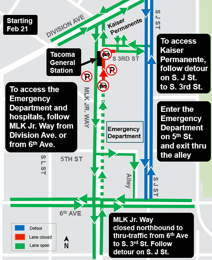 Construction map for Martin Luther King Jr Way from South 6th Street to Division Avenue, Hilltop Tacoma Link Extension