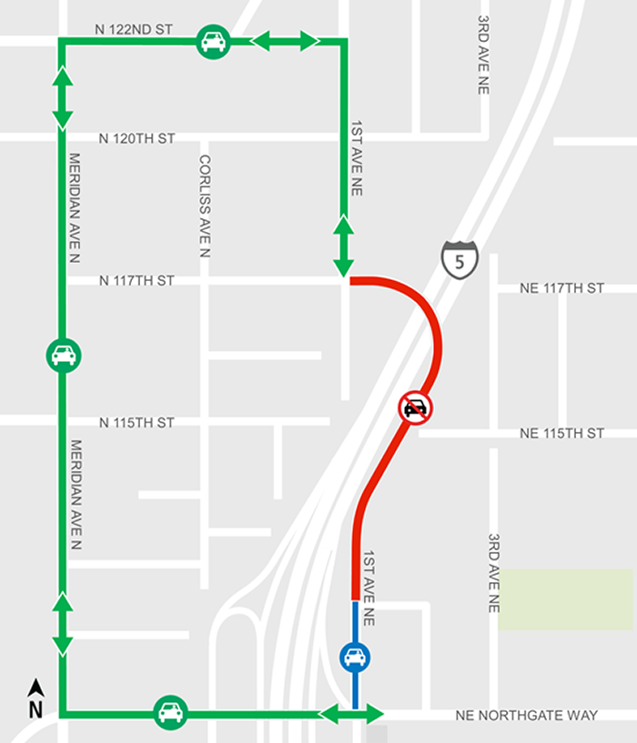 Construction map for 1st Avenue Northeast from Northeast 112th Street to Northeast 117th Street, Lynnwood Link Extension