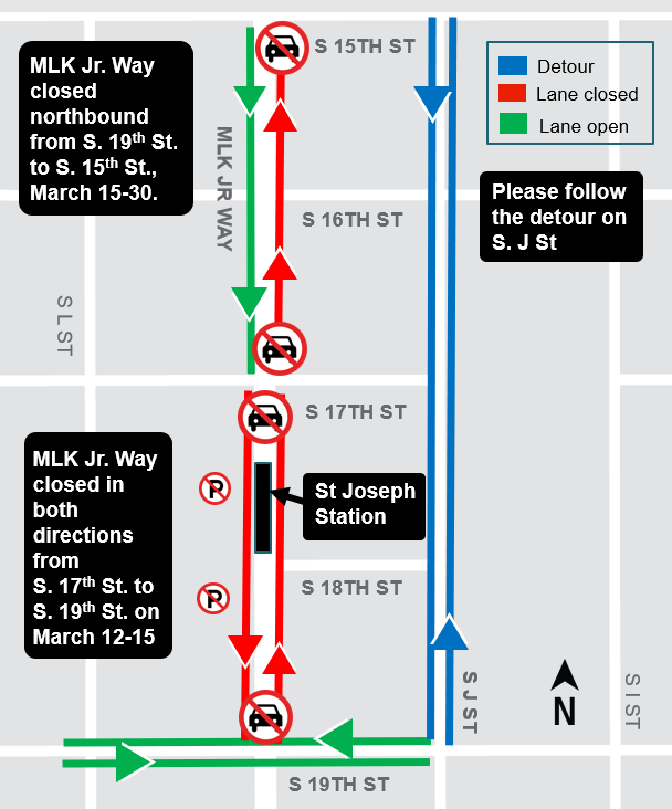 Map of closures and detours for Martin Luther King Jr. Way.