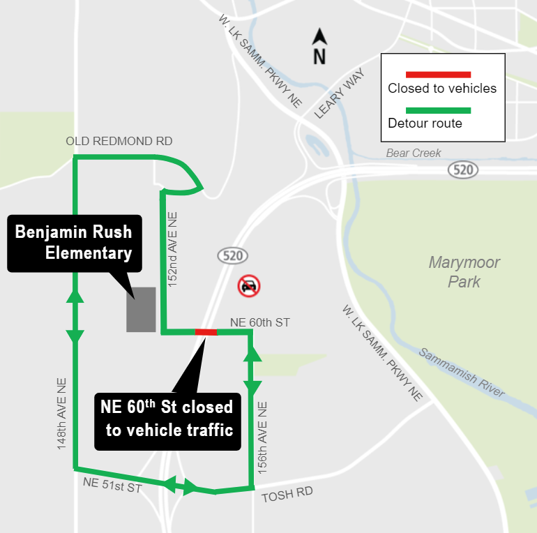 Construction map for Northeast 60th Street Closure, Vehicle map, Downtown Redmond Link Extension