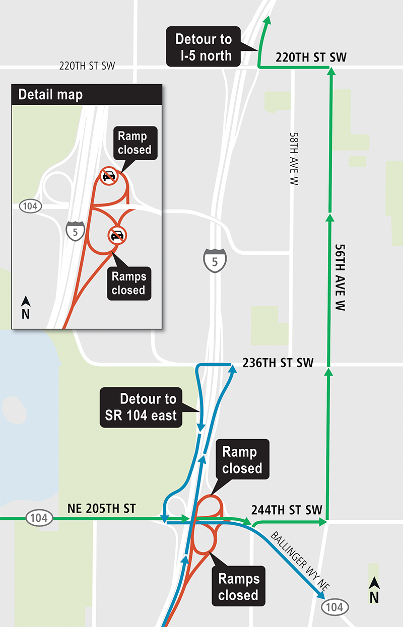 Map of closure of I-5 interchange and SR 104 Eastbound, both on and off ramps.