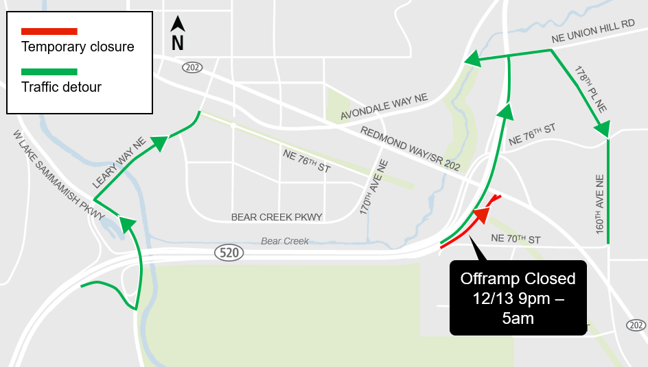 Detour route in with off-ramp from eastbound SR 520 to Redmond Way closed.