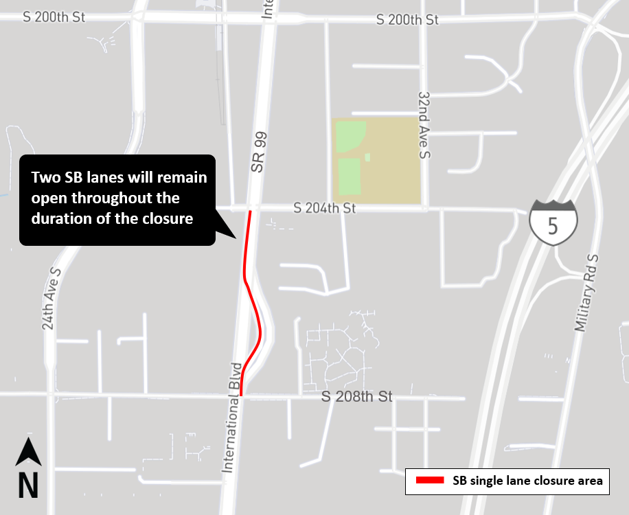 Construction map for SR 99 HOV lane closure, Federal Way Link Extension