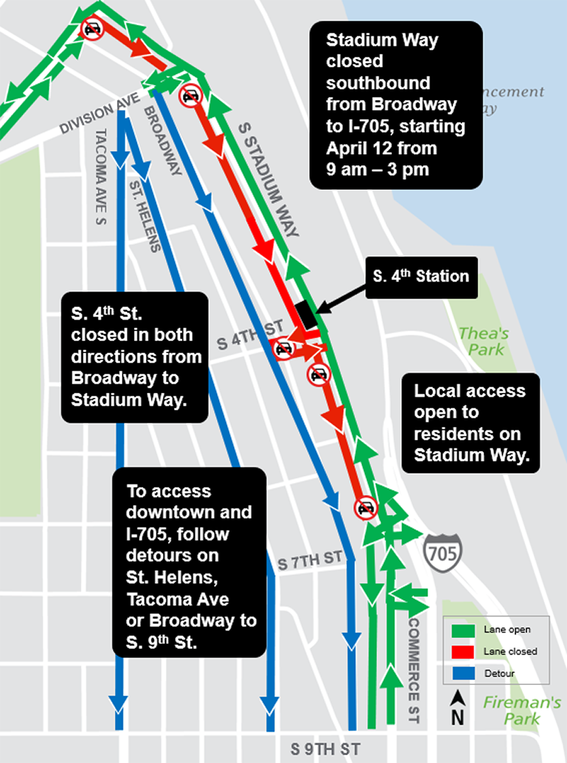 Construction map for Stadium way work from Broadway to I-705, Hilltop Tacoma Link Extension