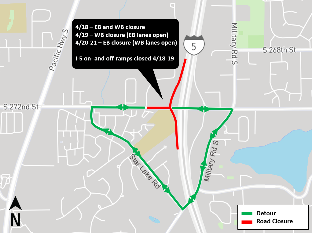 Construction map for closures of 272nd St and I-5 on and off ramps near 272nd St, Federal Way Link Extension