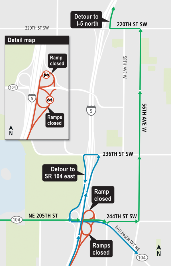 Construction map for SR 104 Eastbound and Westbound closures, Lynnwood Link Extension