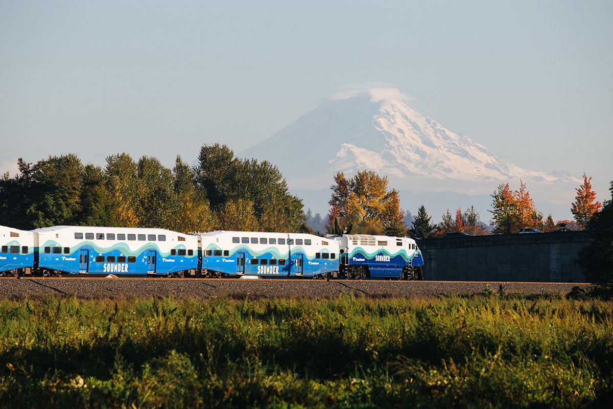Photo of Sounder Train with Mount Rainer in the background