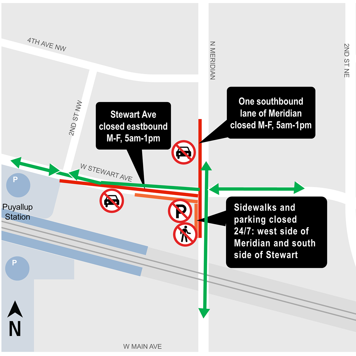 Construction map for West Stewart Avenue and North Meridian Lane closures, Puyallup Station Parking and Access Improvements