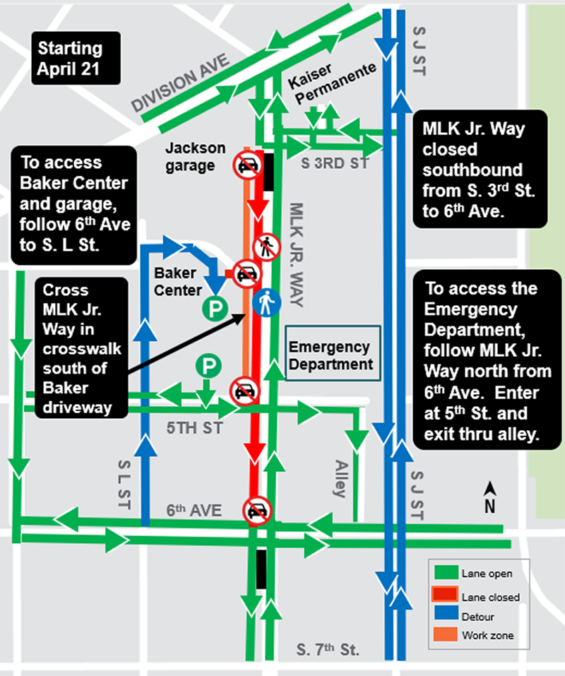 Construction map for Martin Luther King Jr Way from South 3rd Street to South 6th Street work, Hilltop Tacoma Link Extension