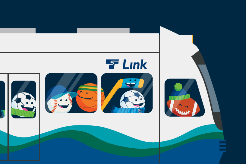 Illustration of sports balls on a Link light rail train, heading to the game.