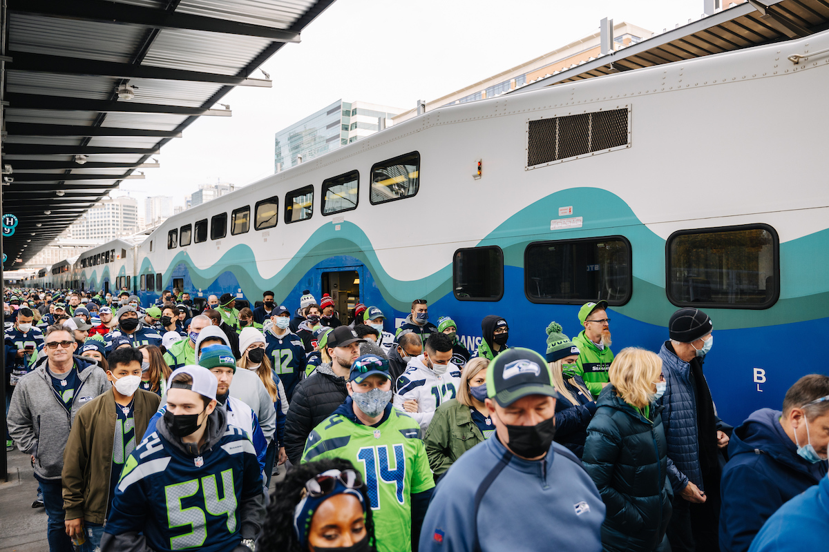 Photo of fans arriving at King Street Sounder Train Station