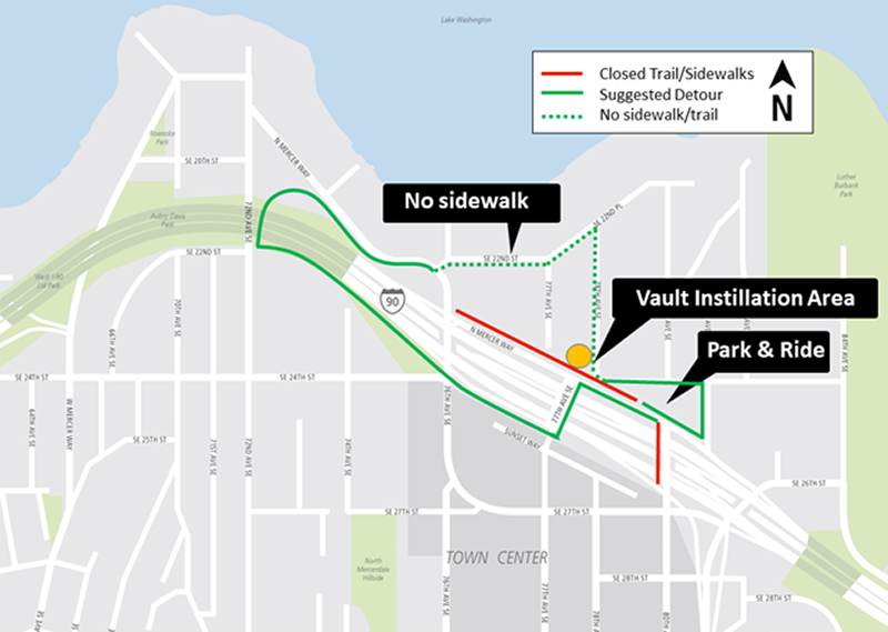 Construction map for storm water vault delivery, Mercer Island Station, East Link Extension