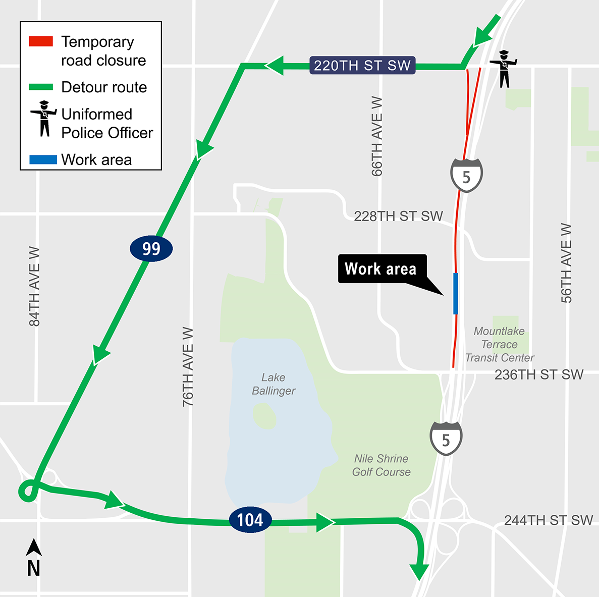 Construction map for Interstate 5 southbound full closure, Lynnwood Link Extension
