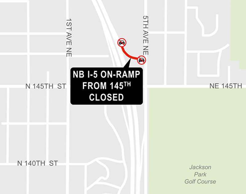 Construction map for Northbound Interstate-5 on-ramp to Northeast 145th Street closure, Lynnwood Link Extension