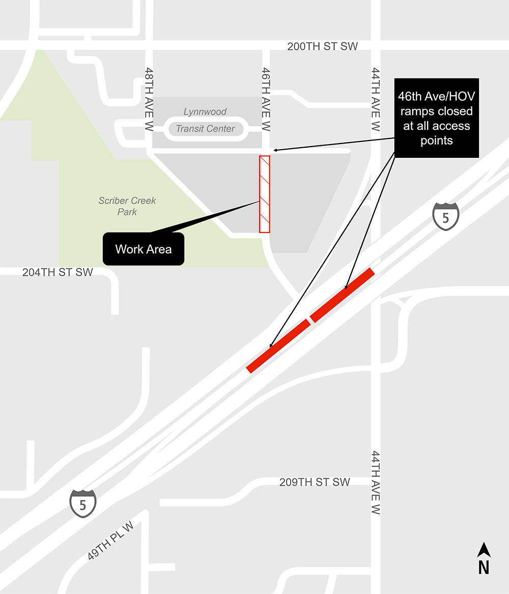 Construction map for 46th Avenue HOV ramp closure, Lynnwood Link Extension