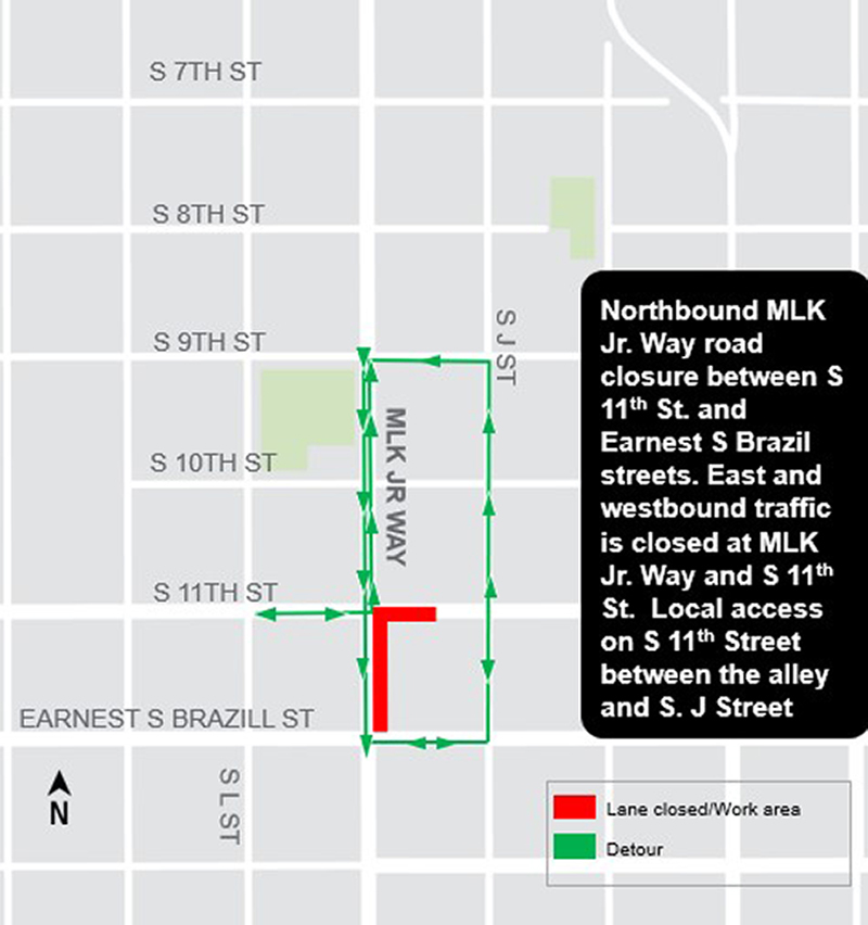 Construction map for Martin Luther King Jr Way and South 11th Street closure, Hilltop Tacoma Link Extension