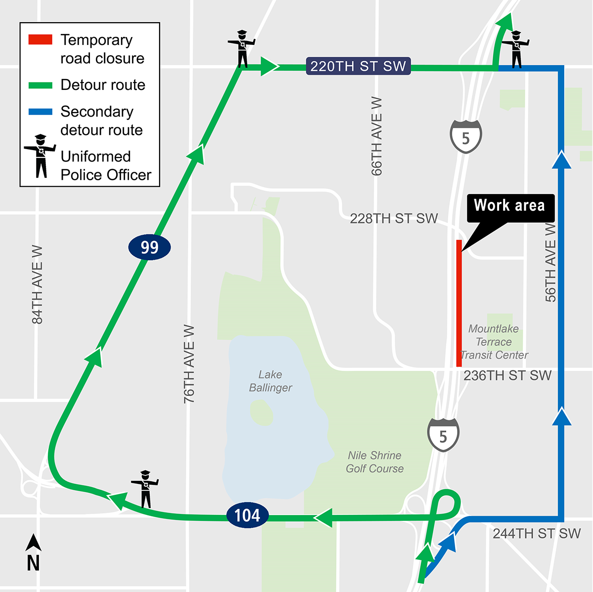 Construction map for Northbound Interstate-5 full closure impacts, Lynnwood Link Extension construction alert