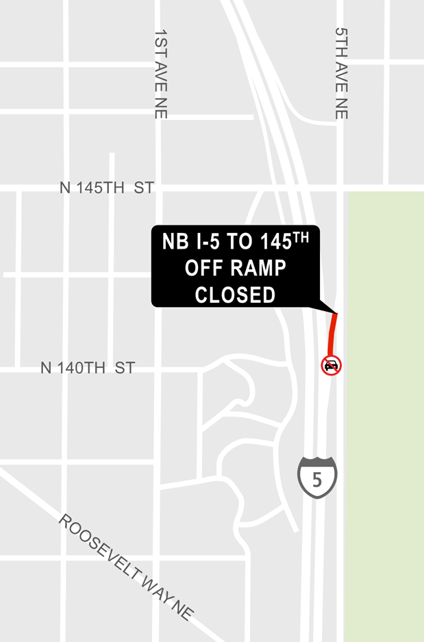 Construction map for Northbound Interstate 5 to Northeast 145th Street off-ramp closure, Shoreline South/148th Station, Lynnwood Link Extension