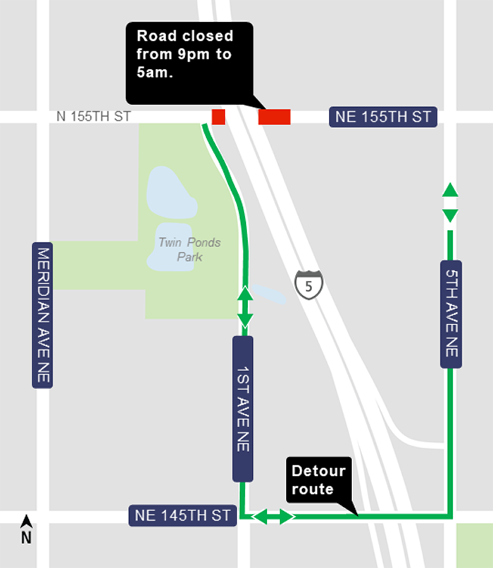 Construction map for Northeast 155th Street closure, Lynnwood Link Extension