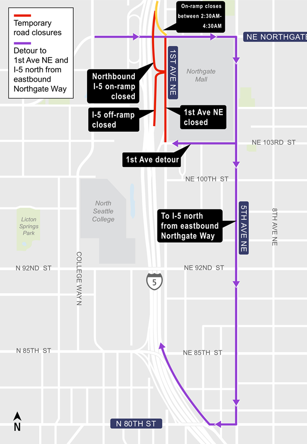 Construction map for 1st Ave Northeast between Northeast 103rd Street to Northgate Way, Lynnwood Link Extension