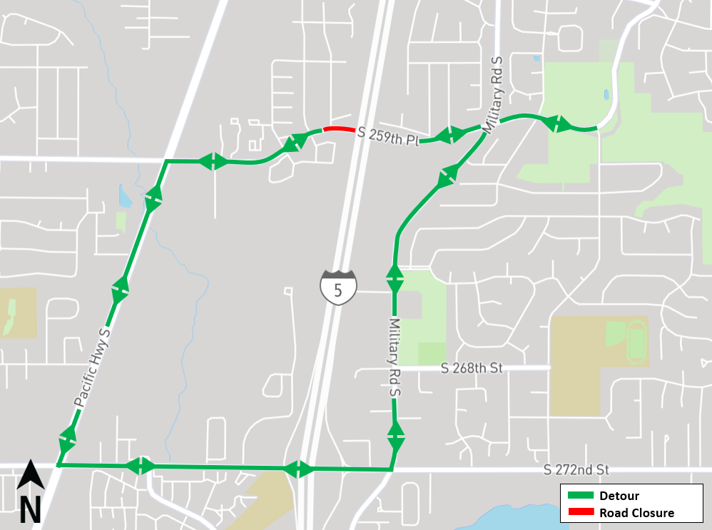 Construction map for South 259th Street closure, Federal Way Link Extension