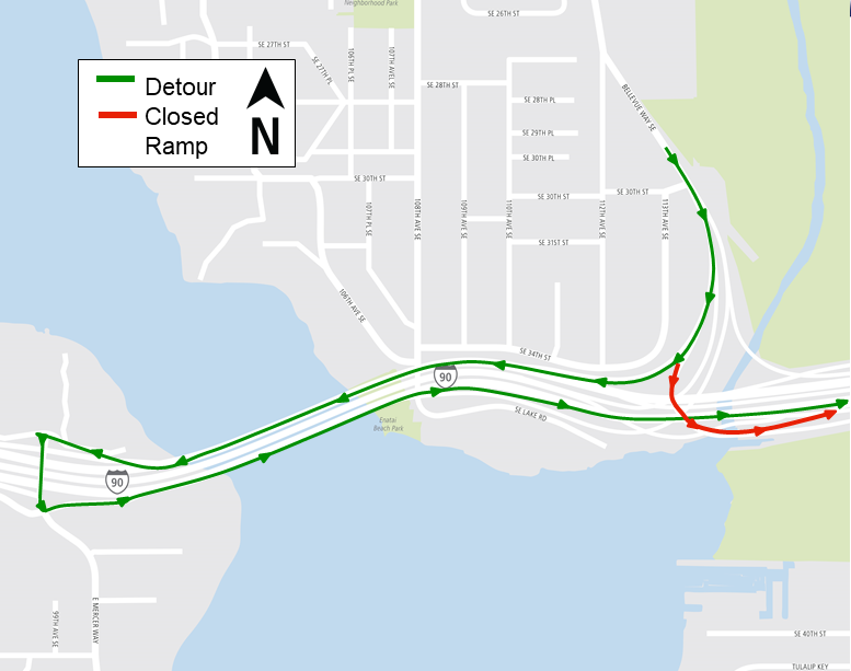 Construction map for East Link Interstate-90 ramp closure and detour, East Link Extension