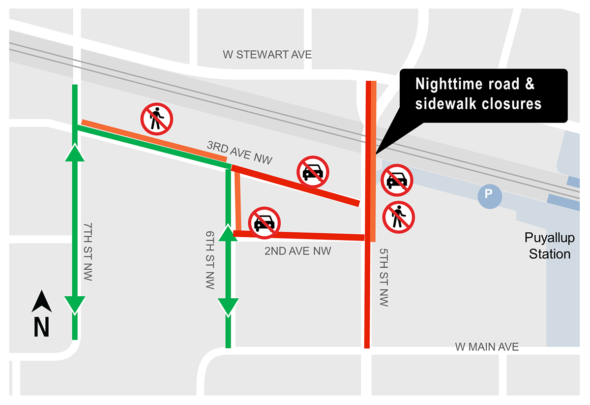 Construction map for 5th Street Northwest Closures, Puyallup Station Parking and Access Improvements Construction Alert