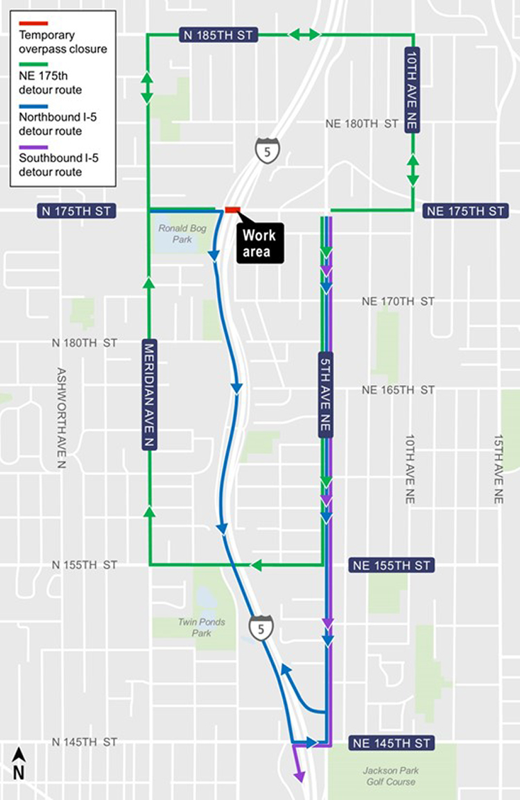Construction map for Northeast 175th full closure, Lynnwood Link Extension