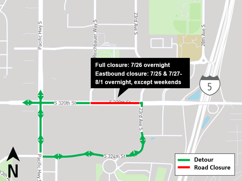 Construction map for South 320th Street Closures, Federal Way Link Extension