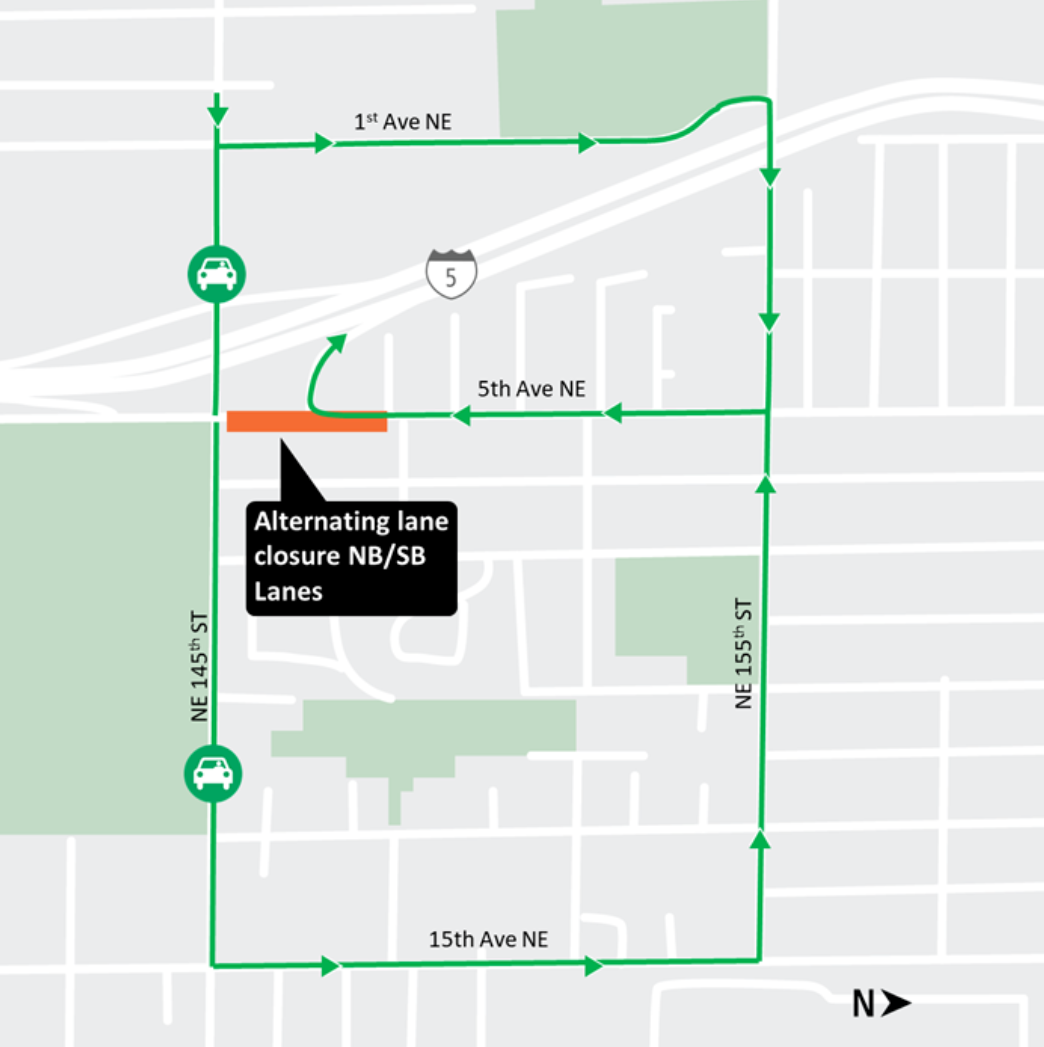 Construction map for Alternating road closures of 5th Avenue Northeast from NE 145th to NE 148th Street for night work, Lynnwood Link Extension