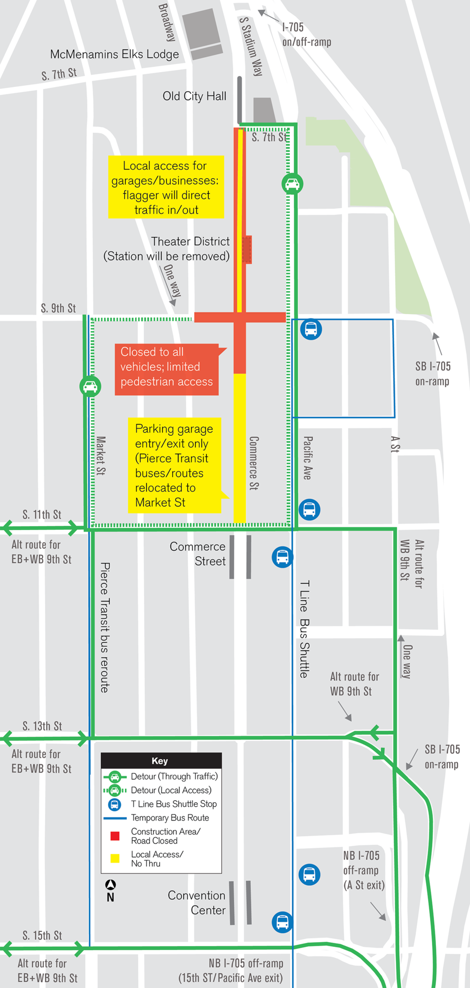 Construction map for 9th and Commerce intersection closure, Hilltop Tacoma Link Extension