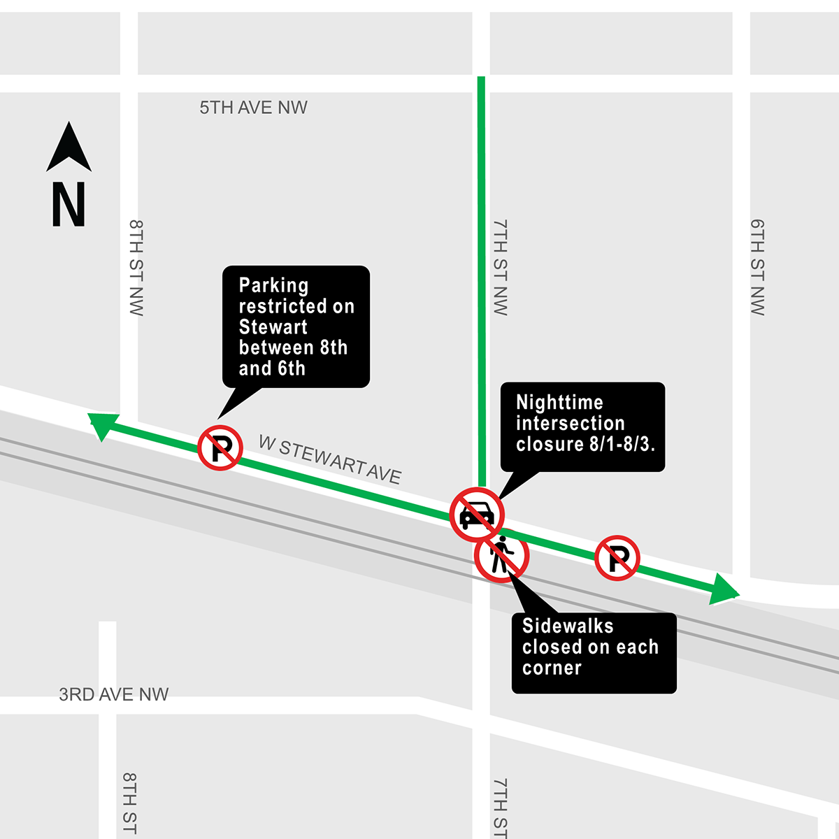 Construction map for 7th Street Northwest and West Stewart Avenue work, Puyallup Station Parking and Access Improvements