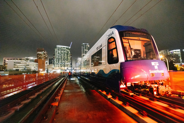 Image for clearance testing of a light rail vehicle in Downtown Bellevue, East Link Extension Construction Alert