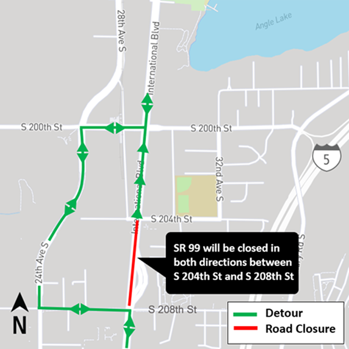 Construction impacts map for State Road 99 full closure, Federal Way Link Extension