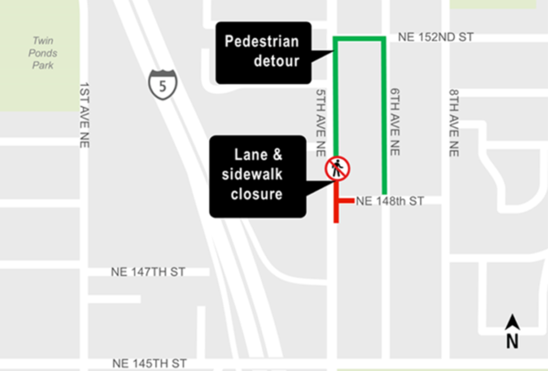 Construction map for Extended 5th Ave Lane shifts at NE 148th Street, Lynnwood Link Extension