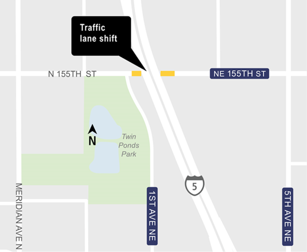 Construction map for Northeast 155th Traffic Lane Shift, Lynnwood Link Extension