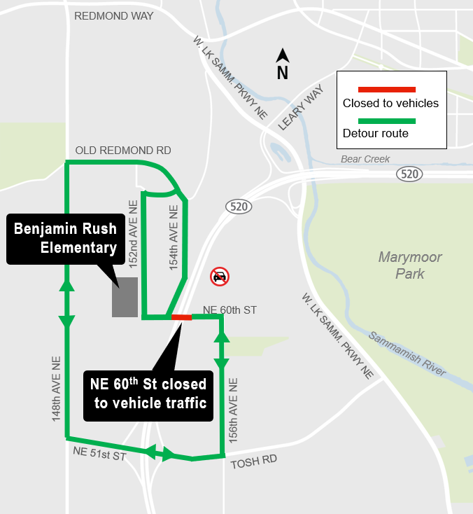 Construction map for NE 60th Street closure Vehicle map, Downtown Redmond Link Extension 