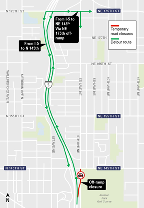 Construction map for Northeast 145th I-5 off-ramp closure detour, Lynnwood Link Extension