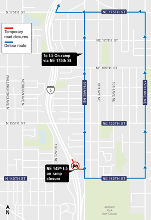 Construction map for Northeast 145th I-5 on-ramp closure detour, Lynnwood Link Extension