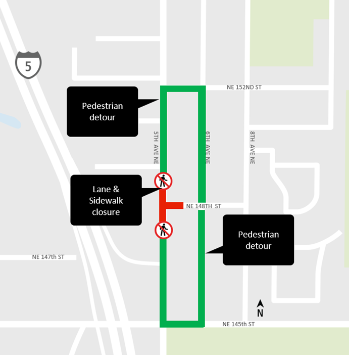 Construction impacts map for Northeast 184th Street lane shifts, Lynnwood Link Extension