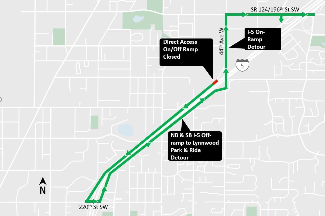 Construction impacts map for 46th Avenue West HOV Lane closure and detour, Lynnwood Link Extension