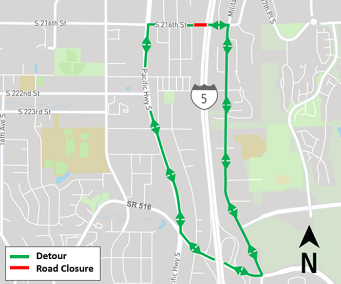 Construction impacts map for South 216th Street closure, Federal Way Link Extension